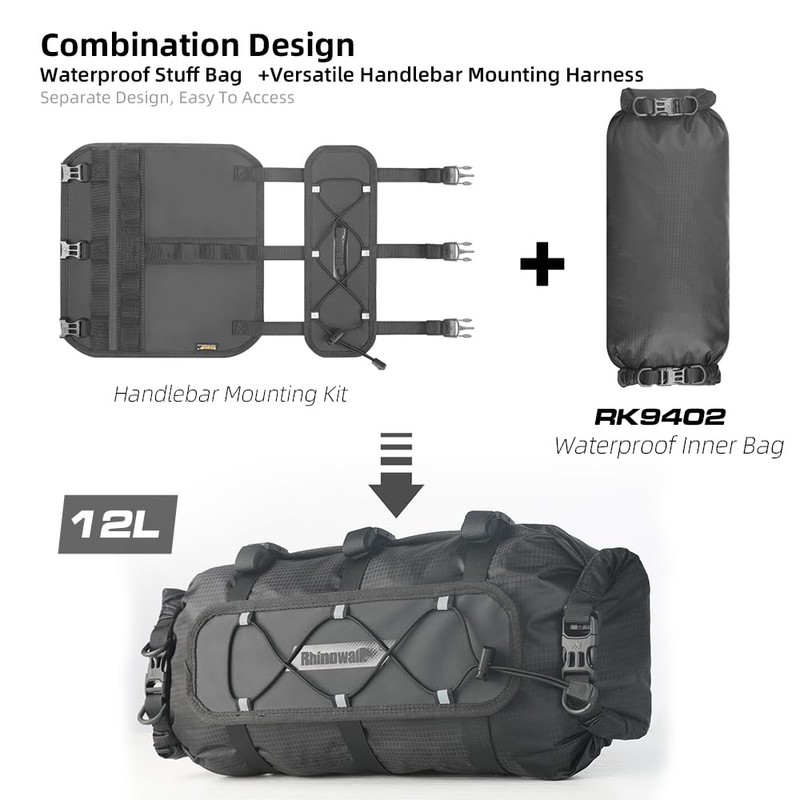 Rhinowalk Bicycle Handlebar Bag Waterproof 12L - Roll-Top Drybag with