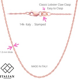 Italian Fashions 14K, 10K Yellow or White or Rose Solid Gold Italian Diamond Cut 0.8 mm-1.2 mm Rope Chain Necklace Thin & Strong gold chain Thin And Lightweight MADE IN ITALY, Gold, No Gemstone
