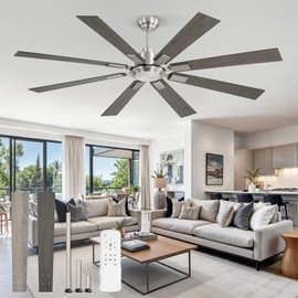 65 Inch Brushed Nickel Modern Ceiling Fan No Light with Remote, Outdoor Ceiling Fans Without Light with Quiet Reversible DC Motor, 6 Speeds, 8 Blades Large Ceiling Fan for Patios, Living Room, Garage