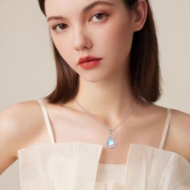 Birth Flower Chain Sterling Silver Lotus Flower Teardrop Pendant Necklace July Birthday Flowers Jewellery Gifts for Women Girls, Sterling Silver, Moonstone