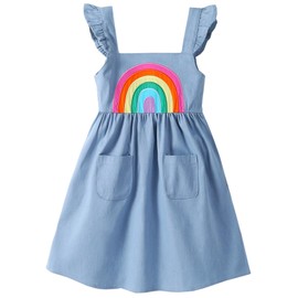 Frogwill Girls Embroidered Rainbow Dress, Summer Classroom Cutie Cotton Denim Outfit 4t, Denim