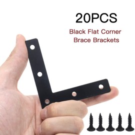 Joyangy 20pcs Black L Flat Shape Braces Corner Bracket, 80x80 mm Decorative Corner Brackets Mending Plate, Cold Rolled Steel 90 Dgree Angle Bracket for Wood Furniture Fixing