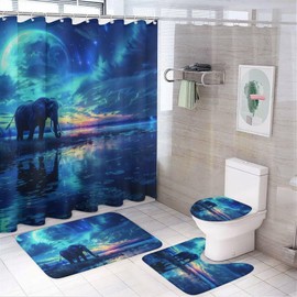 HDESDIS 4Pcs Elephant Animal Fantasy Shower Curtain Sets, Bath Mat and Rugs, Colorful Glam Aurora Borealis Shower Curtain with Hooks for Bathroom