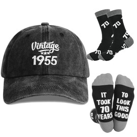 70th Birthday Gifts for Men Women, 1 Washed Cotton Baseball Cap and 1 Pair of Calf Socks Set Present for Husband Dad Brother Friends Black