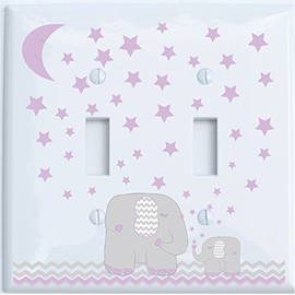 Purple Elephant Light Switch Plate and Outlet Covers with Purple Moon and Stars/Elephant Nursery Decor with Grey and Purple Chevrons. (Double Toggle)
