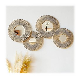 4-Pack Boho Wicker Wall Baskets - Round Woven Jute Decor with Rustic Mirrors for Bedroom, Living Room & Nursery