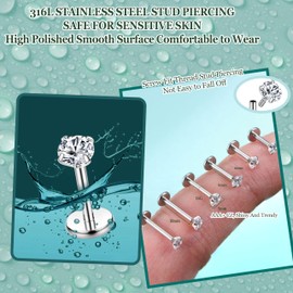 FIBO STEEL 316L Stainless Steel 2Pcs 16G 3mm CZ Inlaid Lip Rings Labret Monroe Nose Studs Helix Earring Piercing, 6mm Bar Length