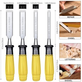 GREBSTK 4PCS Wood Chisel Set, Burr-Free CR-V Steel Beveled Blades, 25° Bevel Edge, Ergonomic Handle with Blade Guards for DIY & Woodworking (1/4", 1/2", 3/4", 1")