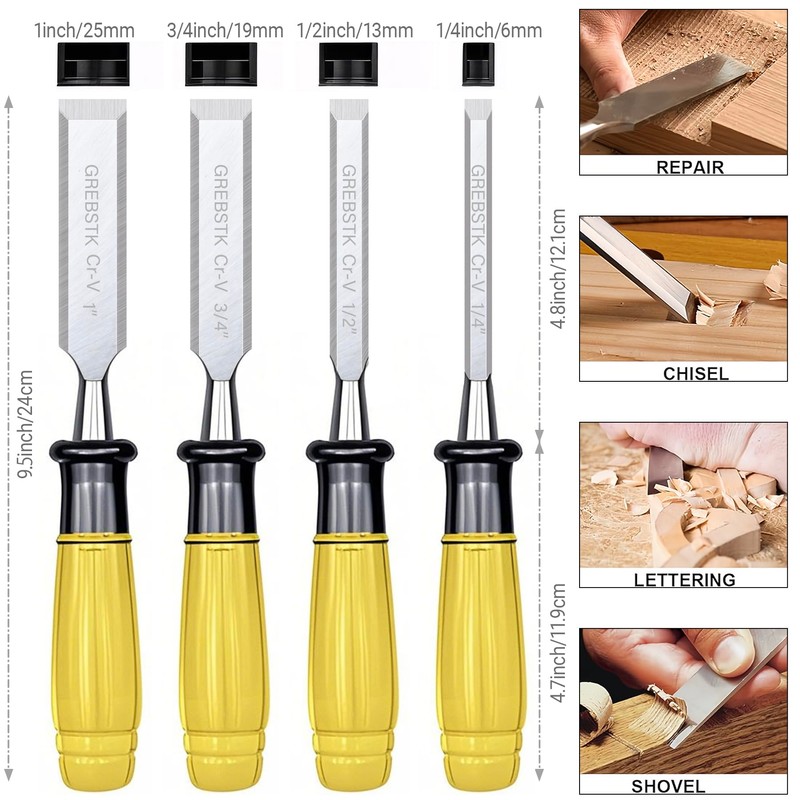 GREBSTK 4PCS Wood Chisel Set, Burr-Free CR-V Steel Beveled Blades,