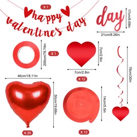 33Pcs Valentines Decorations Kits, 20Pcs 18Inch Red Heart Balloons Set, Happy Valentines Day Banner with 12Pcs Heart Hanging Swirl Streamer, for Anniversary Party Valentines Balloons Decor