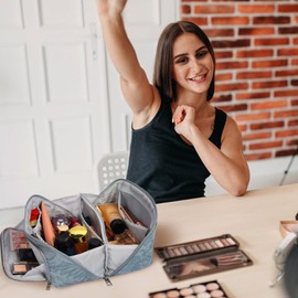 GERYUAEG Travel Makeup Bag, Large Capacity Cosmetic Bags for Women, Waterproof Lining and PU Leather Portable Pouch, Open Flat Toiletry Bag, Make up Organizer with Divider & Handle (Light Blue)