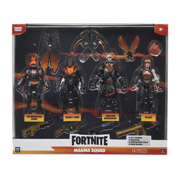 Fornite FNT1157 Molten Legends (Squad Mode) -Four 4-inch Articulated Figures with Weapons, Harvesting Tools, and Back Bling