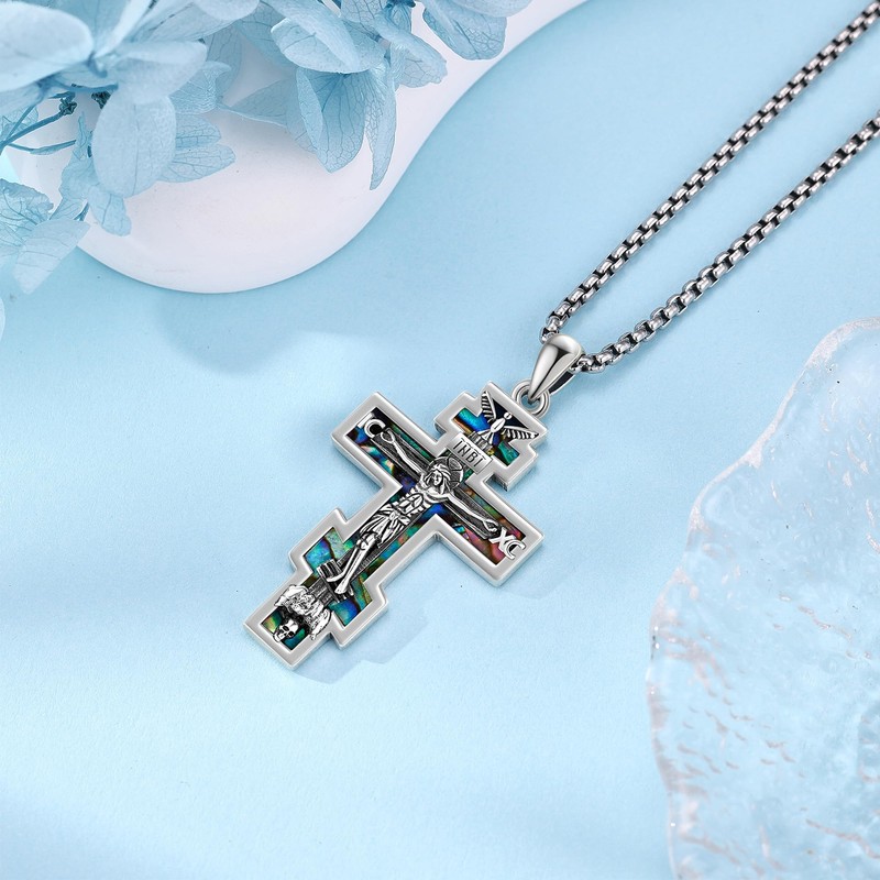 ONEFINITY Orthodox Cross Necklace 925 Sterling Silver Crucifix Abalone Shell