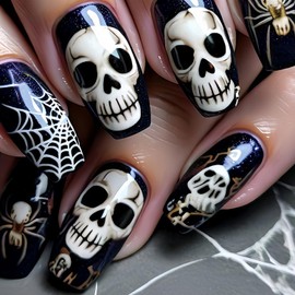 Halloween Press on Nails Skeleton Medium Coffin Fake Nails with Spider Web & Spider Designs Horror Skull False Nail Black Glossy Acrylic Nail Full Cover Stick on Nails for Women Manicure 24 Pcs