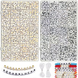 2 Boxes Letter Beads, Golden Alphabet Beads, 1900 Pieces, 7 mm A-Z Round Letter Beads, Numbers Beads for Jewellery Making, DIY Bracelets, Necklaces with Clear Elastic Thread
