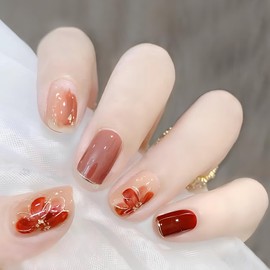 [ALLEVG] Nail Tips, 24 Pieces, Short, Red, Spring, Summer, Popular, Japanese Style, Cute, Bride Nails, Fashionable, Simple, False Nails, Coming of Age of Coming of Age of Entrance Ceremonies