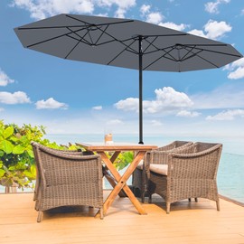 15FT Large Patio Umbrella with Base Included, Double-Sided Outdoor Market Rectangle Umbrellas Oversized Shade for 2-8 People, Weighted Base for Pool, Deck, Backyard (Grey)