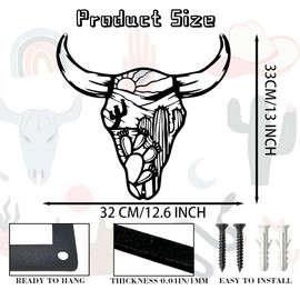 Black Cow Skull Metal Wall Art Western Cactus Wall Decors, Desert Wall Art, Bull Skull Wall Sculptures, Southwestern Home Longhorn Wall Decor for Living Room, Bedroom, Bathroom, Indoor Outdoor