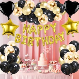 HOPULARITY Black Gold Birthday Party Decorations - Sweet 16 21st Women Girls Happy Birthday Banner, Fringe Curtains, Heart Star Foil Confetti Balloons Backdrop Supplies