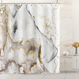 Emwnodti White Marble Shower Curtain for Bathroom Decor, Abstract White and Gold Marble Shower Curtains, Polyester Fabric Modern Golden Bath Curtain with 12 Hooks 72x72 inch