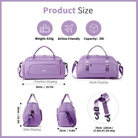 FIORETTO 30L Womens Weekend Bag Overnight Hospital Bag with Shoes Compartment & Wet Pocket, Water Resistant Gym Bag Duffle Bag Travel Bag Holdall for Women Men Purple