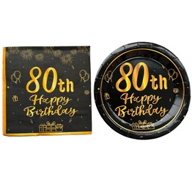 36PCS Happy Birthday Decorations Black Gold Party Supplies Set Includes Disposable Paper Birthday Plates and Napkins for 80th Decorations