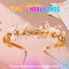 CAKURE Flower Headband Gold Leaf Headpiece Pearl Bride Wedding Hair Band Bridal Hair Accessories for Women (a-gold, free size)