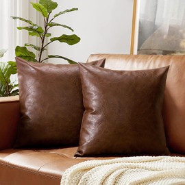 JOTOM Faux Leather Cushion Covers 45 x 45cm Square Throw Pillow Covers 18 x 18 Inch Brown Modern Solid Decorative Bedroom Living Room Cushion Cases for Couch Bed Sofa Set of 2 (Brown)