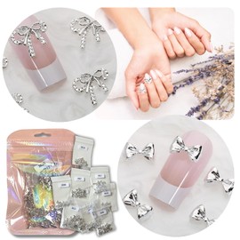 K-Bom Nail Parts, Ribbon, 10 Pieces, 10 Types, Set of 100, Yumekawa, Silver, 3D, 3D, Decorative Parts, Nail Art, Jewelry Parts, Accent, Large Capacity, Adults and Girls