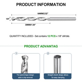 METALLIXITY 3.175mm Drill Bit (1/8") 12Pcs, 4241 High-Speed Steel Straight Shank Uncoated (Bright) 118° for Wood Plastic Iron Copper Aluminum Low Soft Metal