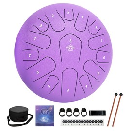 Rain Drum for Outside Garden,Steel Tongue Drum 12 Inches 15 Notes Musical Instruments, Handpan Drum Percussion Instrument, with Soft Bag, Music Book, 2 Mallets, for Meditation or Yoga (Purple)