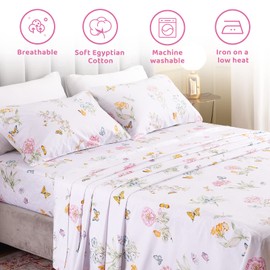 QSH Floral King Size Sheet Sets - Flower Butterfly Print Pattern Egyptian Cotton Printed Bedding Sheets 4pcs Extra Soft and Breathable 17.5" Extra Deep Pocket King Size Sheets