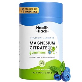 Health Hack Citrato de Magnesio en Gomitas, 400 mg de Magnesio Elemental como Citrato por Porción, Sabor Mora Azul, Sin Azúcar, Suplemento Vegano Sin 