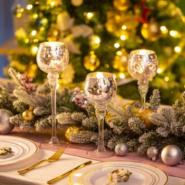 Long Stem Glass Candle Holder - Set of 3 Tall Tea Lights Candle Holders, Silver Crackle Glass Table Candle Holder Set, Inweder Mercury Glass Candle Holder Pillar for Wedding, Party, Home Decor