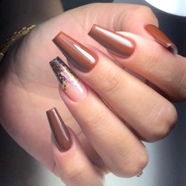 24Pcs Medium Coffin Nails Press ons Fall Press on Nails Medium Acrylic Nails with Gold Glitter Design Coffin Glue on Nails Glossy False Nails Brown Autumn Artificial Fake Nails for Girls Women