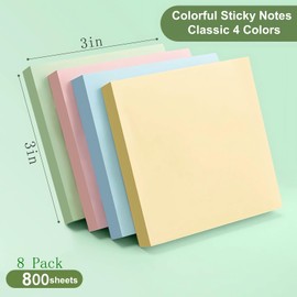 800 Sheets Sticky Notes, Pastel Post It Notes 3x3 in - Reinforce Adhesion, School & Office Supplies, Versatile Stickies for Home & School (4 Colors)