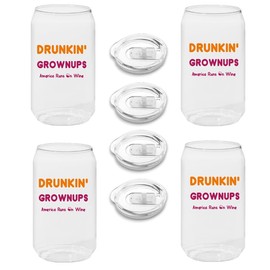 Wine-Oh! Set of 4 Stemless 16 oz Unbreakable TRITAN Can Cups with Lids, USA-Made and Commercially Printed, Dishwasher Safe, Great for cocktails, wine, and other beverages. (DRUNKIN' GROWNUPS), medium