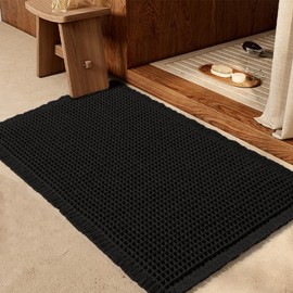 Waffle Bath Mat Black 24"x17", Boho Woven Modern Bathroom Rug Mat, Absorbent Non Slip Bathroom Floor Mat, Soft Washable Bath Rugs with Tassels for Bathroom, Bedroom, Kitchen, Shower, Tub