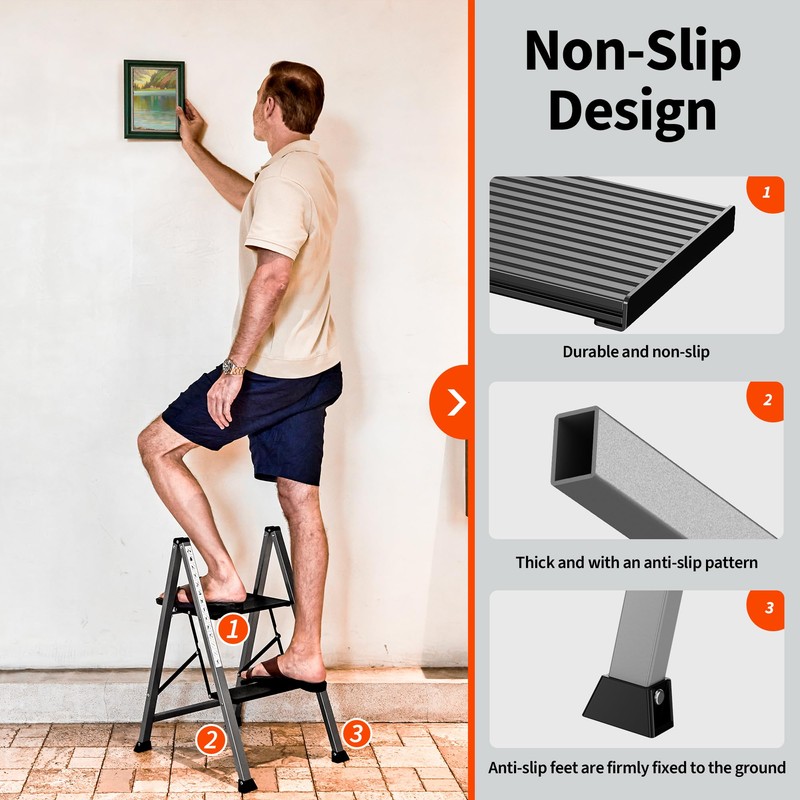 2 Step Aluminum Ladder, 800 lbs Capacity, Folding Step Stool