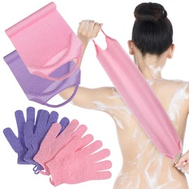 4 Pack Exfoliating Washcloth Back Scrubber Set, 2 Exfoliating Body Scrubber Nylon Back Body Scrub Towel, 2 Pairs Shower Gloves for Women Men Bath Shower Exfoliation(Pink, Purple)