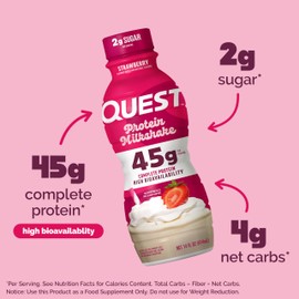 Quest Nutrition Strawberry Protein Shake, 45g Protein, 2g Sugar, 4g Net Carbs, Ready to Drink, Gluten Free, 12 Count