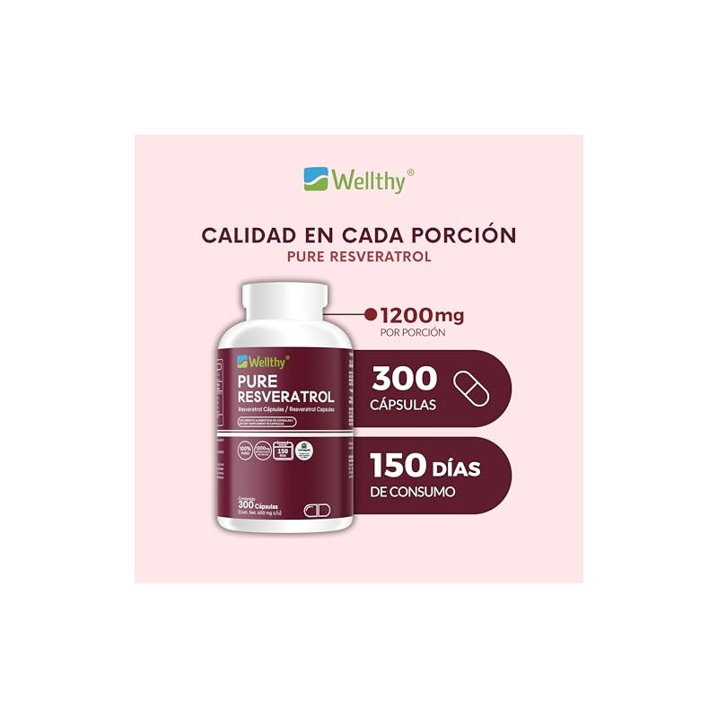 Wellthy Pure Resveratrol 300 Cápsulas 1200mg Por Porción 150 Porciones