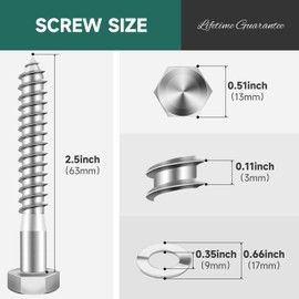 EASTPUK (12Sets) 5/16 Bolt, 5/16" x 2-1/2" Hex Head Lag Bolts, Heavy Duty Lag Screws with Washers, 304 Stainless Steel 18-8, 5/16 Bolt for Wood, Partial Thread