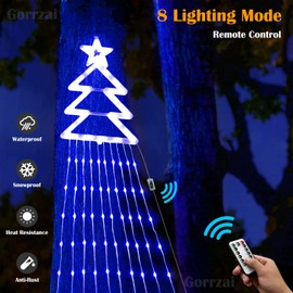 Gorrzai Outdoor Christmas Decorations Star String Lights 420 LED Waterproof Waterfall Lights with Christmas Tree Topper, 8 Lighting Modes String Lights for Tree Yard Patio Garden Party (Blue)