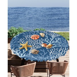 Chees D Zone Coastal Coral Round Fitted Tablecloth with Elastic Edge,Ocean Table Cover Waterproof Navy Table Cloths for Round Tables,Marine Theme Sealife Circle Table Covers for Kitchen 45-54in