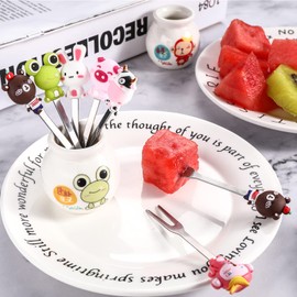 12 Pcs Food Picks for Kids with 2 Ceramic Jars Set of 2 Cute Cartoon Animal Fruit Forks Kids Toothpicks Stainless Steel Bento Picks for Kids with Silicone Handles Back to School Party Supplies