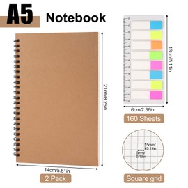 Tikplus A5 Squared Paper Notebook, 2 Pack, 120 Pages/ 60 Sheets, Kraft Cover, Grid Spiral Notebooks, 100gsm Thick Paper, Wirebound Journal for Office,Travel, School, Diary, Drawing