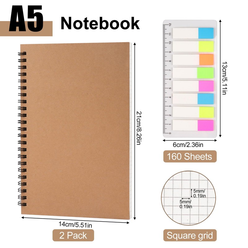 Tikplus A5 Squared Paper Notebook, 2 Pack, 120 Pages/ 60