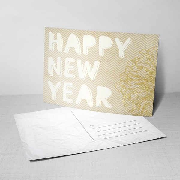 5 Gold Lang Syne New Year Postcards - Happy New Year Greeting Cards with Chevron and Flowers