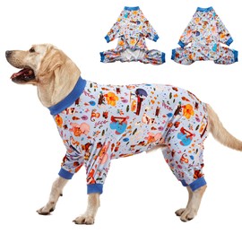 LovinPet Pajamas for Big Dogs, Pet Anxiety Relief, Sun Protection Dog Pajamas, Lightweight Stretchy Knit Fabric, Woodland Musicians Print, PJ's for Dogs, Stop Shedding for Dogs, Pet PJ's, L